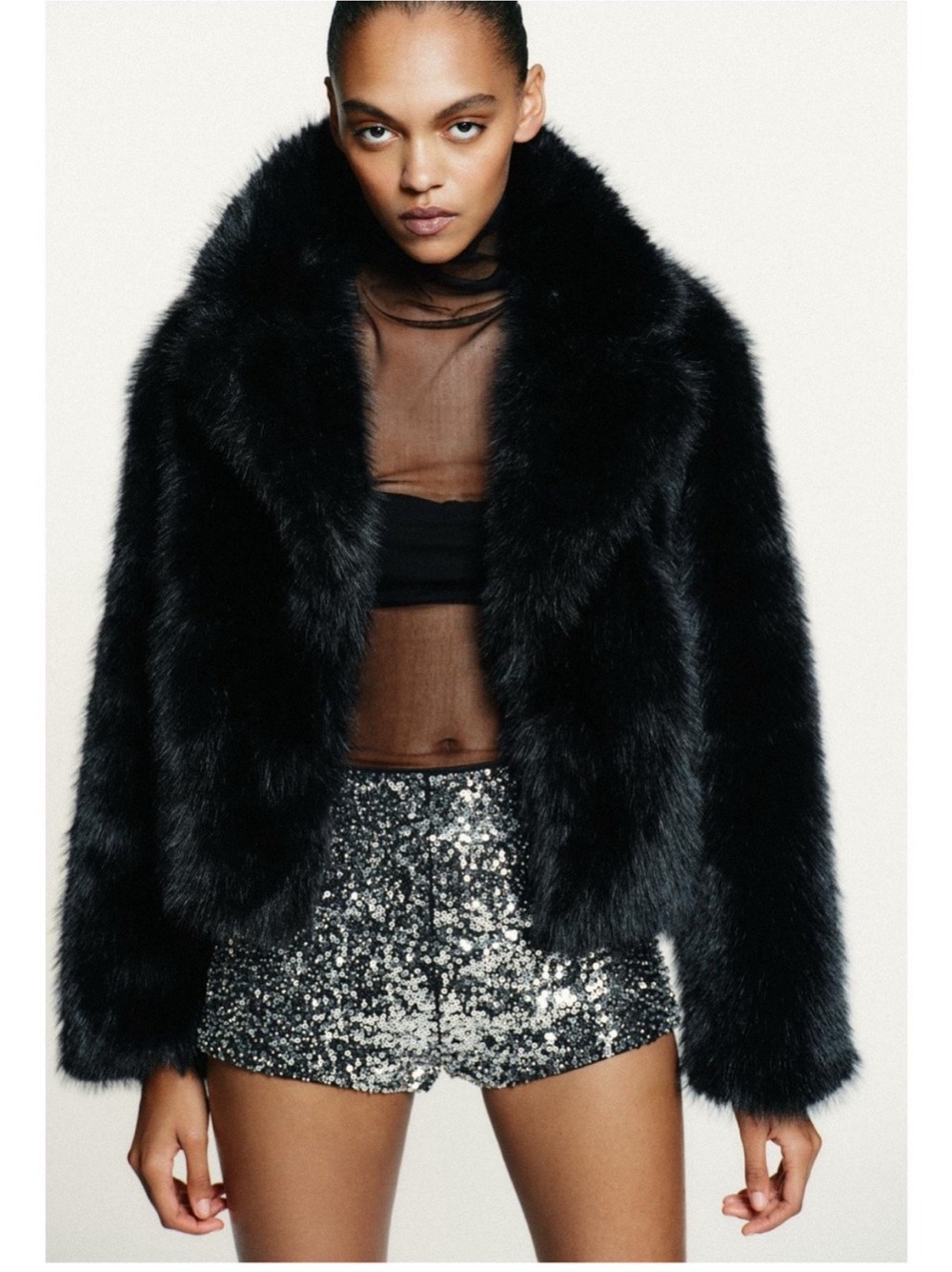 ZARA BLACK SHORT FAUX FUR COAT